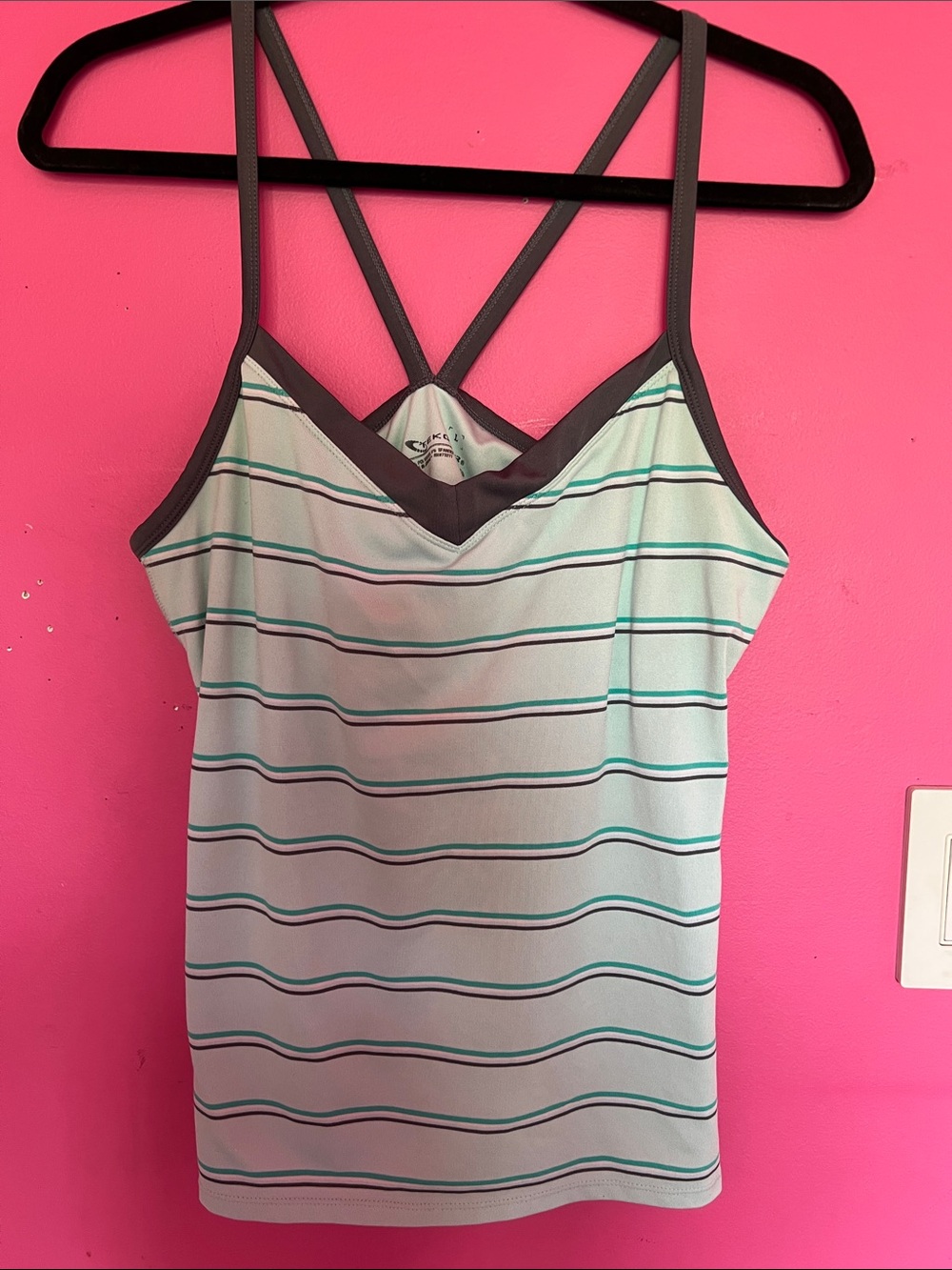 Tech Gear Striped V‑Neck Spaghetti Strap Tank — Mint & Charcoal Size L